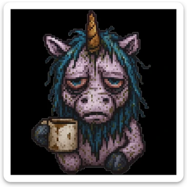 Add a dirty coffee cup in the unicorn's hoof, keep the pixel art style, unicorn remains disgusting and rumpled with bags under his eyes and a drooping horn. The style should be pixel art. sticker