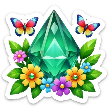 Green Crystal with rune among flowers and butterflies and magic and colourful Crystals sticker