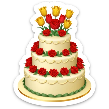 A large three teir cake with first mayer decorated with roses, second with Sunflowers and third with Tulips and Happy Birthday Dear written on top. sticker