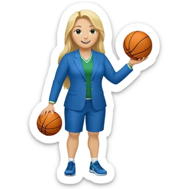 Full Body white plus size female basketball head coach using a clipboard with long blonde hair in a blue and green suit smiling with basketball and clipboard sticker