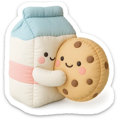 a cushion style milk carton hugging a cookie, both with cute faces, soft and puffy look, pastel palette sticker