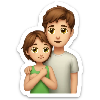 Girl with brown eyes and brown hair kisses boy with brown hair and green eyes and hugs brown fat cats sticker