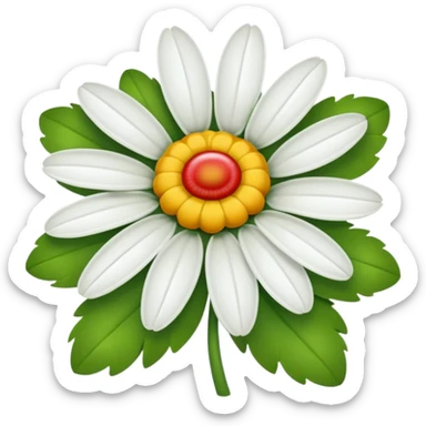 A daisy with ten petals, with green, red and white petals and a yellow centre. sticker