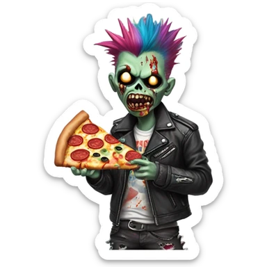 Punk rock zombie with melted face eating a slice of pizza sticker