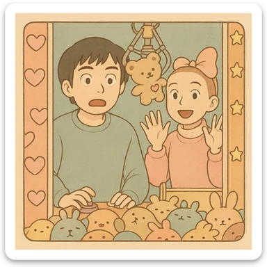 Mike and Eleven from Stranger Things inside a claw machine filled with plush toys, in delicate Ghibli style with thick dark outlines, colored in pastel tones as per the reference examples. Variation 2: Mike with a surprised expression, Eleven smiling. sticker