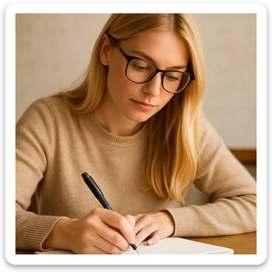 blonde woman wearing glasses, writing in a notebook sticker