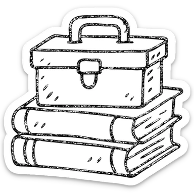 minimalist hand-drawn outlined icon representing Resources with books, toolbox, or stack of files, worn and distressed sticker