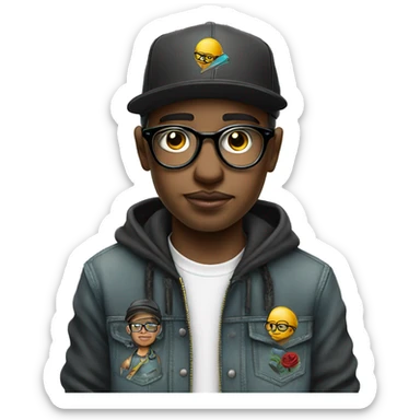 cap, closed hoodie and glasses boy holding on hand tattoo machine sticker