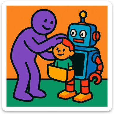 a purple figure placing a child inside a robot, playful illustration, no graphic content, clear expressions sticker