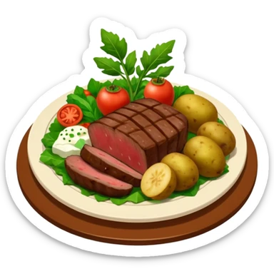prato de jantar de buffet com pedaços de bife, batatas inglesas cortadas e vegetais verdes (como brocolis e tomates pequenos) sticker