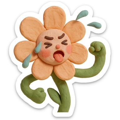 soft peach cosmos flower with a flushed, panting face doing exercise, sweat flying off in exaggerated style, gentle pastel palette, claymation style sticker