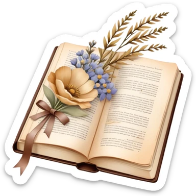 A cozy vintage book with a satin ribbon bookmark, surrounded by dried flowers, in beige, vanilla, and leather tones, watercolor style, soft edges sticker