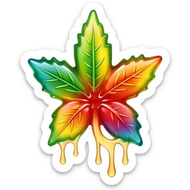 generate an emoji-style image of a juicy gummy shaped like a marijuana flower, make it colorful and with liquid dripping out sticker