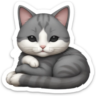 dark grey and white small cat with his eyes closed, leaning his head on his paw while leaning on his elbow lying down sticker