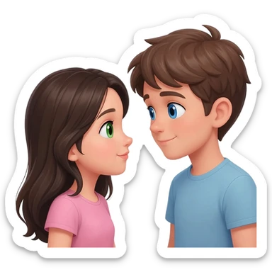 A girl with dark blonde hair And green eyes in love with a boy with brown hair and blue hair sticker