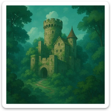 ancient stone castle surrounded by forest, magical mood, ghibli style sticker