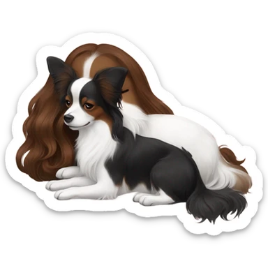 black and white papillon with a white brown hair girl sleeping  sticker