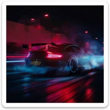 Cinematic still of a porsche 911, gt3 rs night photo, red lights and blue bright night  sticker