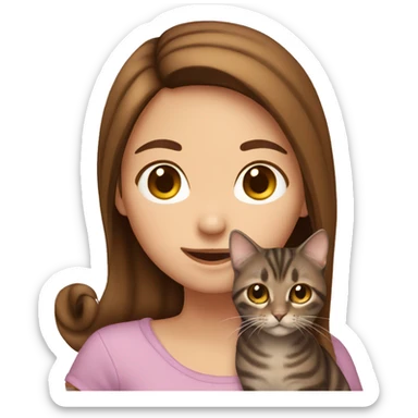 girl with brown hair holding brown tabby cat sticker