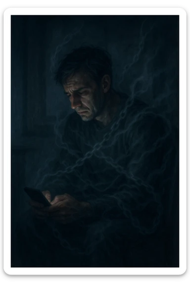 a man sits alone in a dimly lit room at night, illuminated only by the glow of a computer or phone screen. His posture is slouched, and his expression is tired and troubled. Around him, faint, ghostly chains or shadows subtly wrap around his body, symbolizing addiction and emotional distress. The background is blurred, emphasizing isolation and discomfort. in italiano sticker