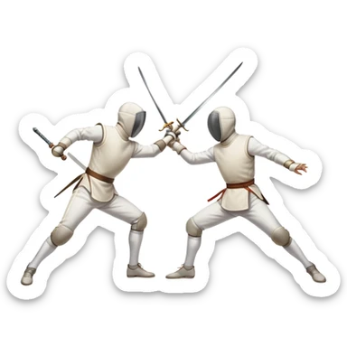 Round two fencers in dynamic poses, one attacking and the other defending with a sword. The swords cross in the center, representing skill, precision, and speed. The background includes subtle fencing gear elements, emphasizing the sport’s elegance and strategy.  sticker