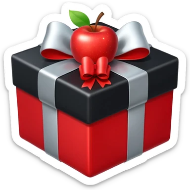 black gift box with shiny silver bow, apple emoji style, no text sticker