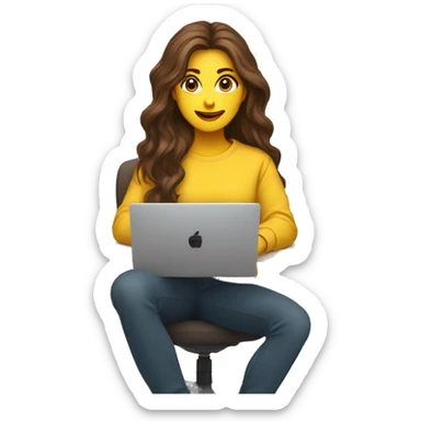 female coder with apple laptop in front of her, very long wavy brown hair, brown eyes, facing the right side while looking at the laptop, yellow sweatshirt, no glasses sticker