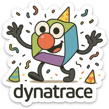 Dynatrace logo with googly eyes and a giant clown nose, surrounded by confetti and party hats sticker