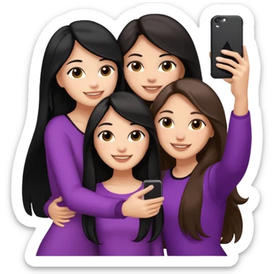 3 girl friends, one with black long hair light skin. one with brown hair long and the last girl one with black with brown medium length hair. Glammed up and hugging  and one talking a selfie and all of them smiling and looking girly all same skin tone  sticker