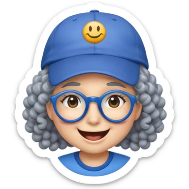 yellow female smiley face emoji, big smile, winking, wearing a blue ballcap backwards, grey curly hair, glasses, no eye color sticker
