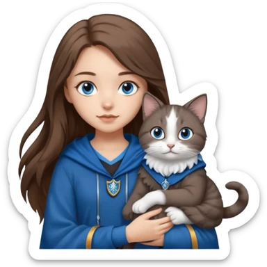 gorgeous Girl with light skin, blue eyes, long brown hair, wears a ravenclaw outfit, with a grey and white cat holding in her arms sticker