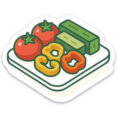 a plate with assorted vegetables including tomatoes cucumbers and bell peppers in 2D isometric illustration style sticker