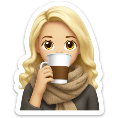Girl cute blonde cozy in a scarf drinking coffee sticker