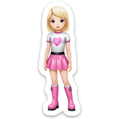 Mini latex skirt and boots and short top with pink inscription “Baby  🕳️” sticker