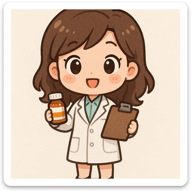 A chibi style young female pharmacist wearing a white coat, holding a clipboard and a pill bottle, with a bright and friendly expression, full body, cute and colorful illustration. sticker