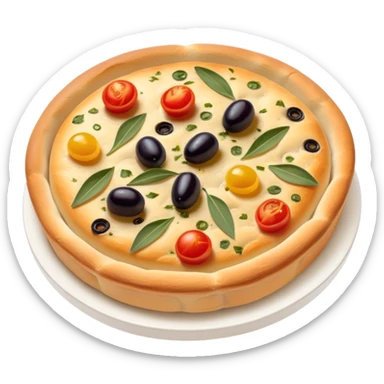 cinematic-realistic-isometric focaccia-bread-dish-emoji,-depicted-as-a-golden,-olive-oil-brushed-flatbread-sprinkled-with-herbs-rendered-with-lifelike-texture-and-soft,-appetizing-lighting showing olives on top and the cherry tomatoes sticker