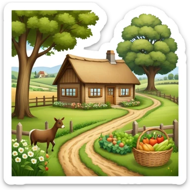 Icon for Rural Tourism: a peaceful countryside scene with a wooden cottage, a dirt path, grazing animals, and a basket of fresh produce. The icon should represent the tranquility and charm of rural life. Transparent background. sticker