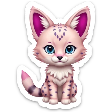 Whitish pastel-rosy-pink chibi cute elegant furry kawaii Serval, with magenta markings, and with big blue eyes,  sticker