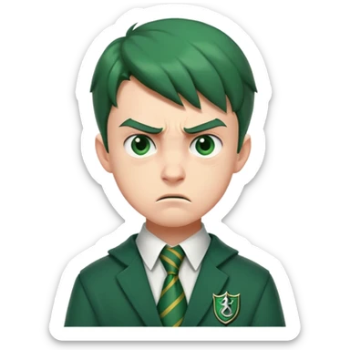 Upset angry teenage boy with scowling face wearing green Slytherin Hogwarts uniform and tie sticker