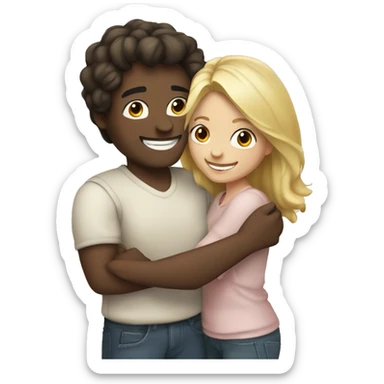 couple hug with warm smiles, blond girl & darkhaired guy  sticker