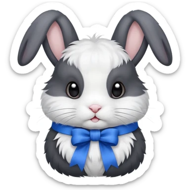 a white and black realistic domestic rabbit with a blue ribbon on its neck sticker