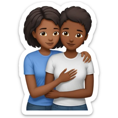 Black lesbian couple with one dark skin masculine with short hair low cut fade with a t shirt and one feminine with long hair in a blouse hugging  sticker