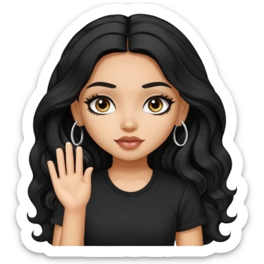 a pretty FAIR indian bratz girl with wavy long black hair, wearing a black tshirt, eyeliner on sticker