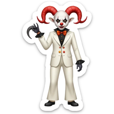 full-body demonic clown in a white leisure suit with bellbottom pants, bald, with black ram horns sticker