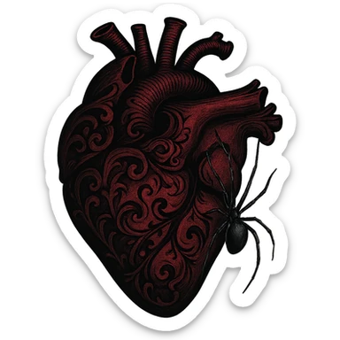 gothic style heart in black and deep red with a spider crawling on it sticker