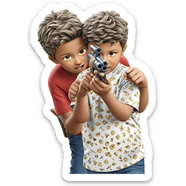two boys aiming weapons outdoors sticker