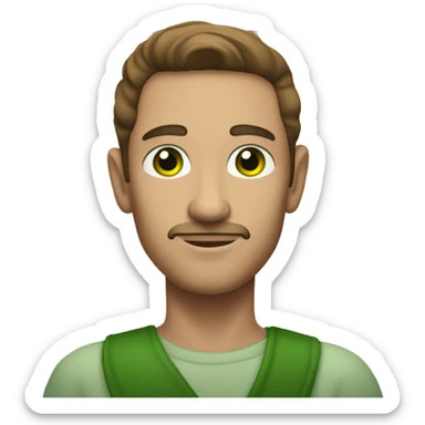 A light-skinned man with green eyes, styled brown hair with a long white paper scroll sticker