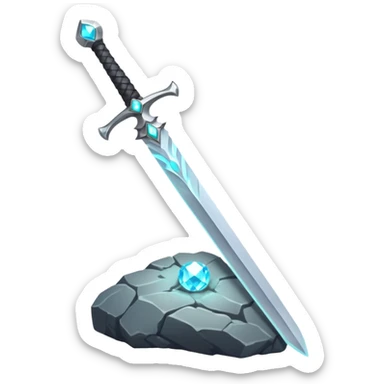 Shining silver sword with jeweled hilt, stuck in a stone, glowing aura.  sticker