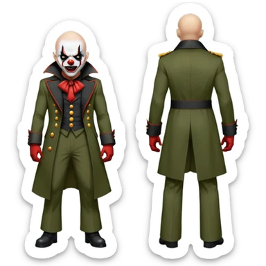 evil clown, bald, small black satan horns on forehead, fangs, pointed ears, eye patch over one eye, long coat over black and military green leisure suit with bellbottom pants, realistically proportioned, less bulky, full body, battle-ready fighting posture sticker