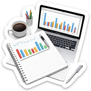 top view of a MacBook and a notebook with a pen nearby, notebook pages filled with handwritten bar charts sticker